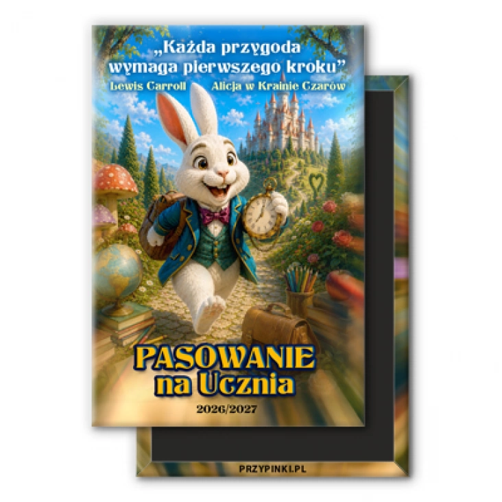 magnes 78x53mm Pasowanie na Ucznia biały zając