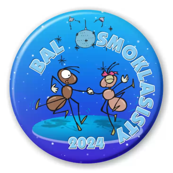 przypinka Bal ósmoklasisty mrówki z niebieskim tłem