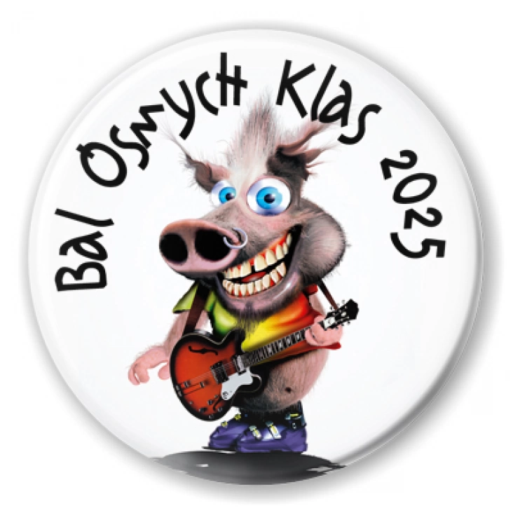 przypinka Bal Ósmych Klas ze świnką gitarzystą punk