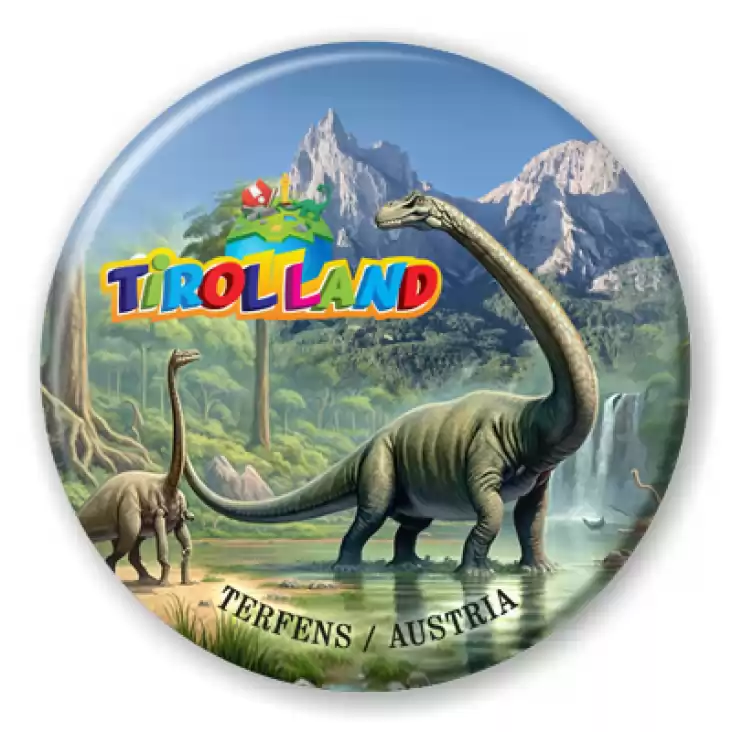 przypinka Brachiozaur na tle Alp Tirolland
