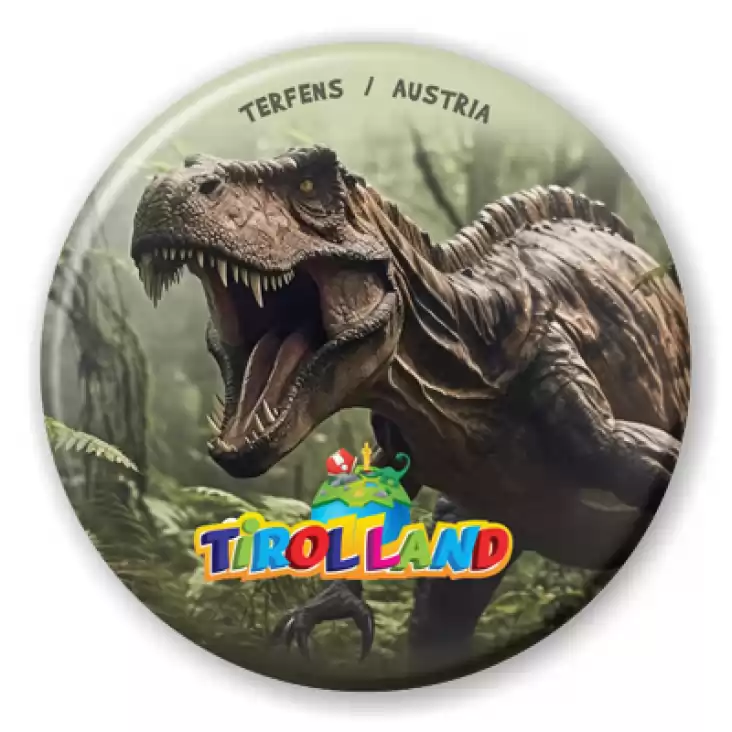 przypinka Groźny dinozaur na tle lasu Tirolland