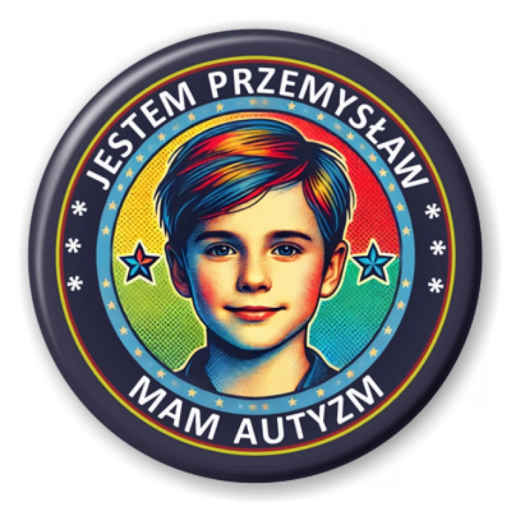 przypinka Mam autyzm chłopiec z imieniem