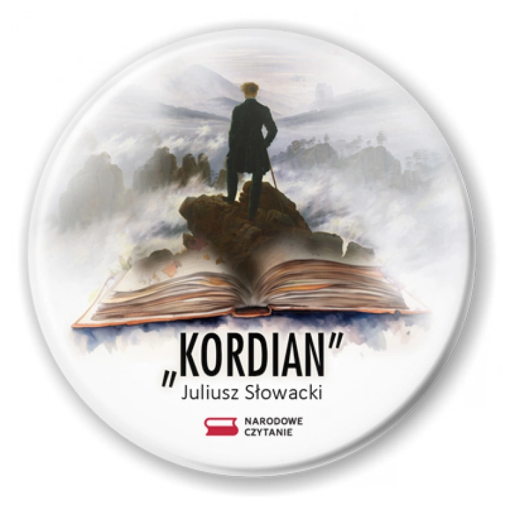przypinka Narodowe Czytanie 2024 Kordian książka z wędrowcem