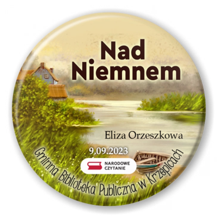 przypinka Narodowe Czytanie Biblioteka w Krzepicach