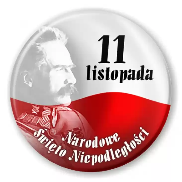 przypinka Narodowe Święto Niepodległości Piłsudski na tle flagi