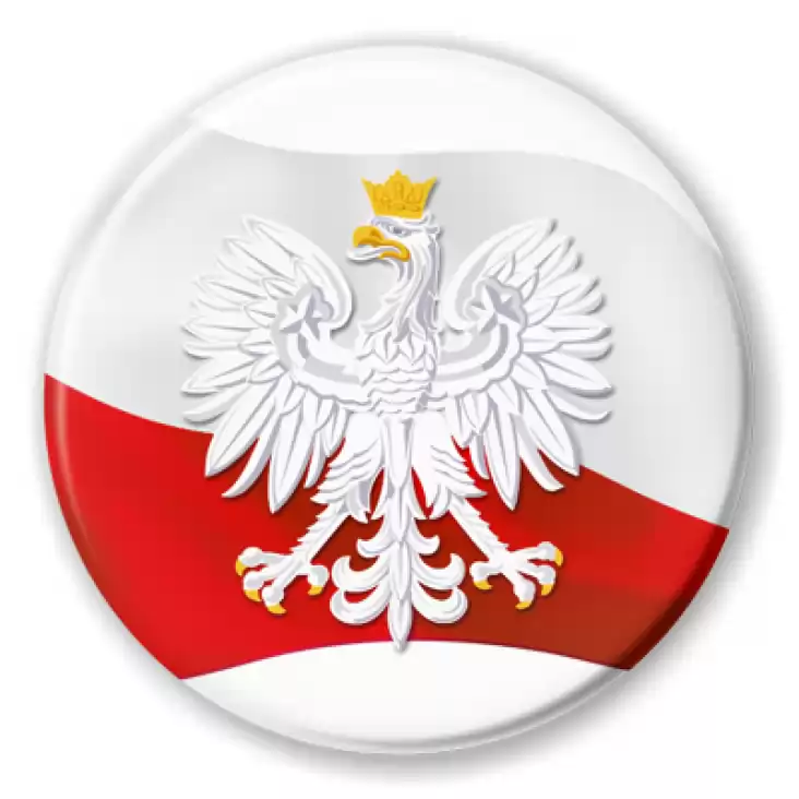 przypinka Orzeł w koronie na tle powiewającej flagi Polski