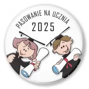 przypinka Pasowanie na ucznia chlopiec i dziewczynka
