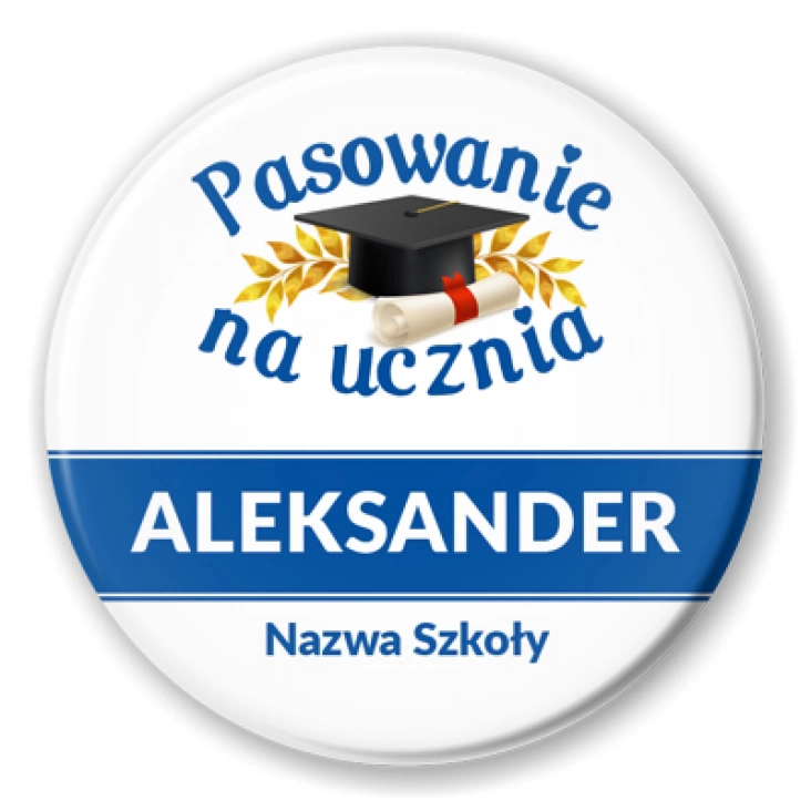 przypinka Pasowanie na ucznia z biretem, imieniem i nazwą szkoły