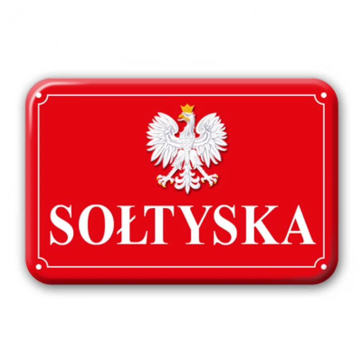 przypinka prostokąt Sołtyska na czerwonym tle
