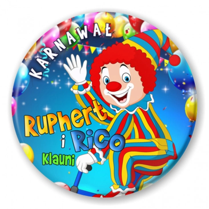 przypinka Ruphert i Rico Klauni Klaun na rowerze
