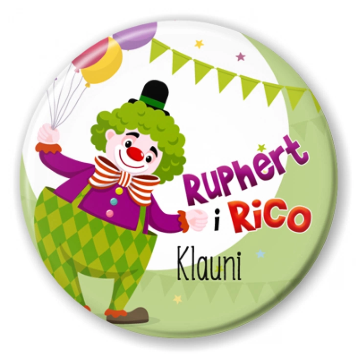 przypinka Ruphert i Rico Klauni na miętowym tle