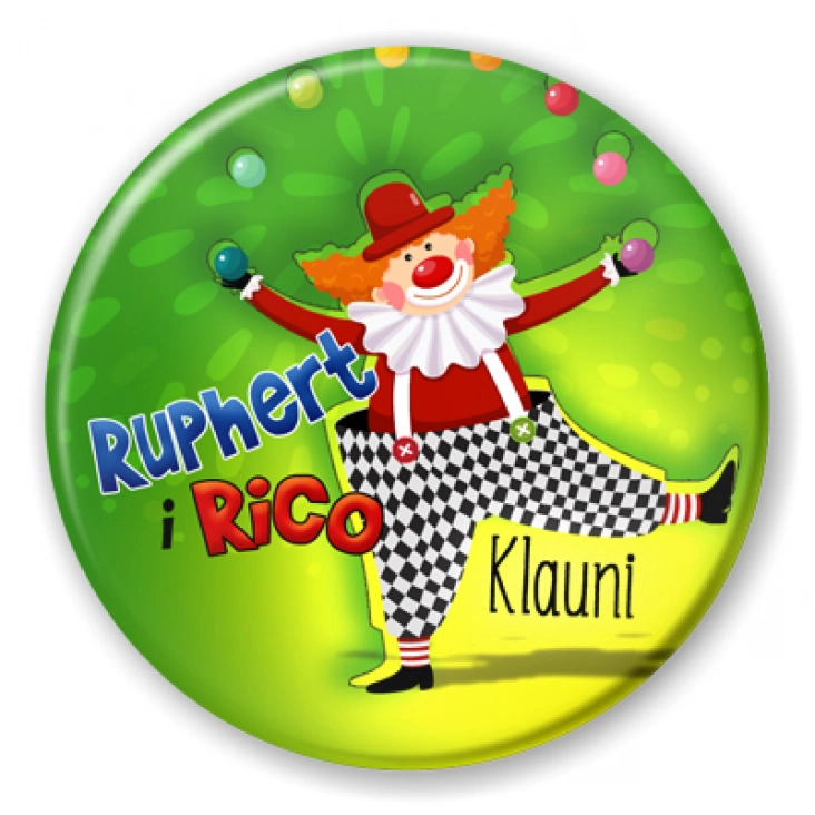 przypinka Ruphert i Rico Klauni na zielonym tle