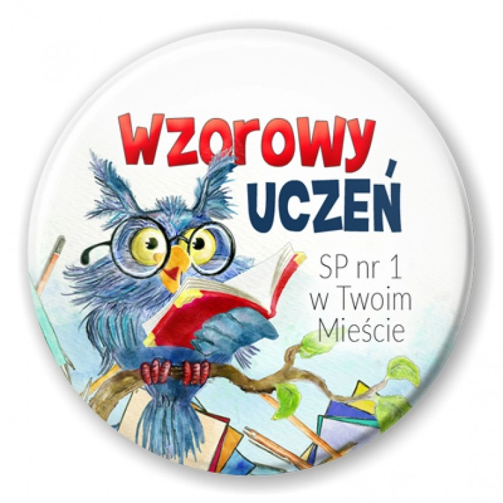 przypinka Wzorowy Uczeń sowa w okularach