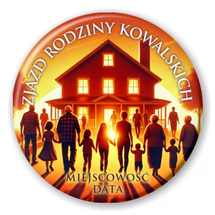 przypinka Zjazd rodziny dom w zachodzącym słońcu