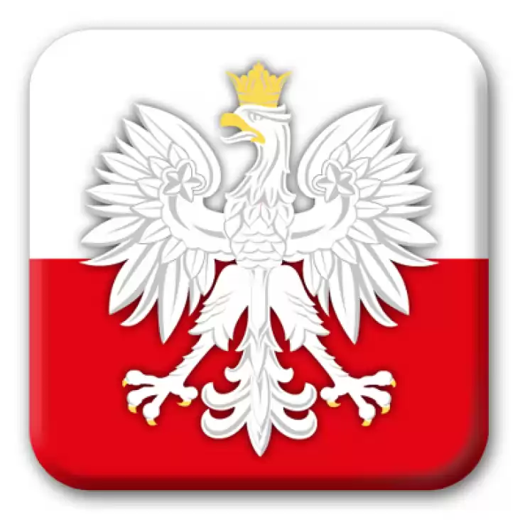przypinka kwadrat Orzeł na tle flagi Polski