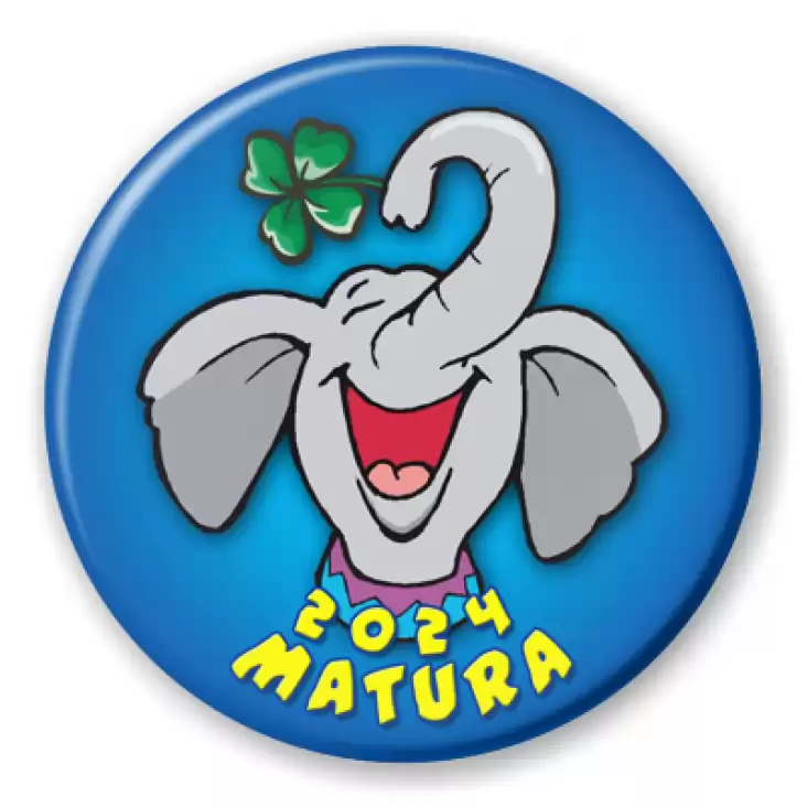 przypinka Matura uśmiechnięty słoń z koniczynką