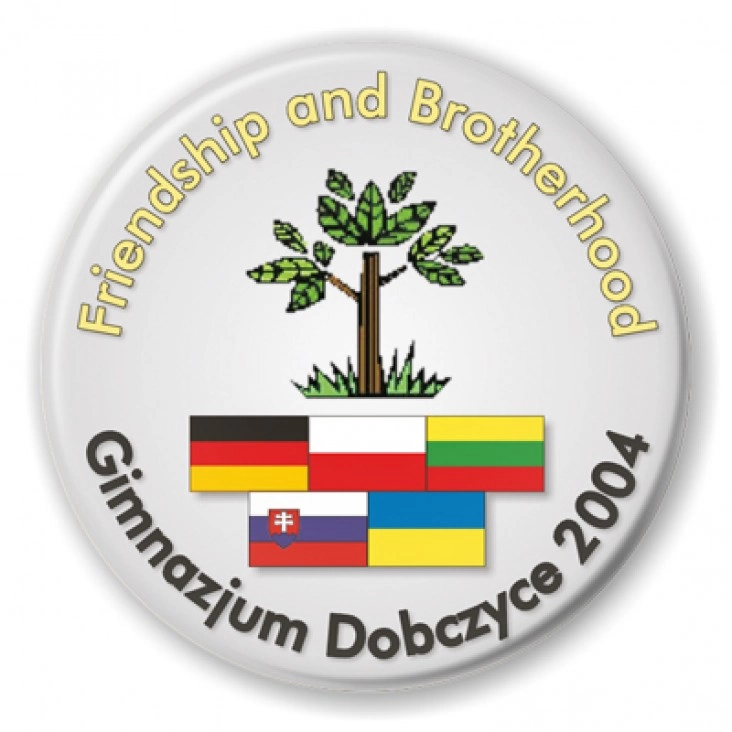 przypinka Freindship and Brotherhood - gimnazjum w Dobrzycach