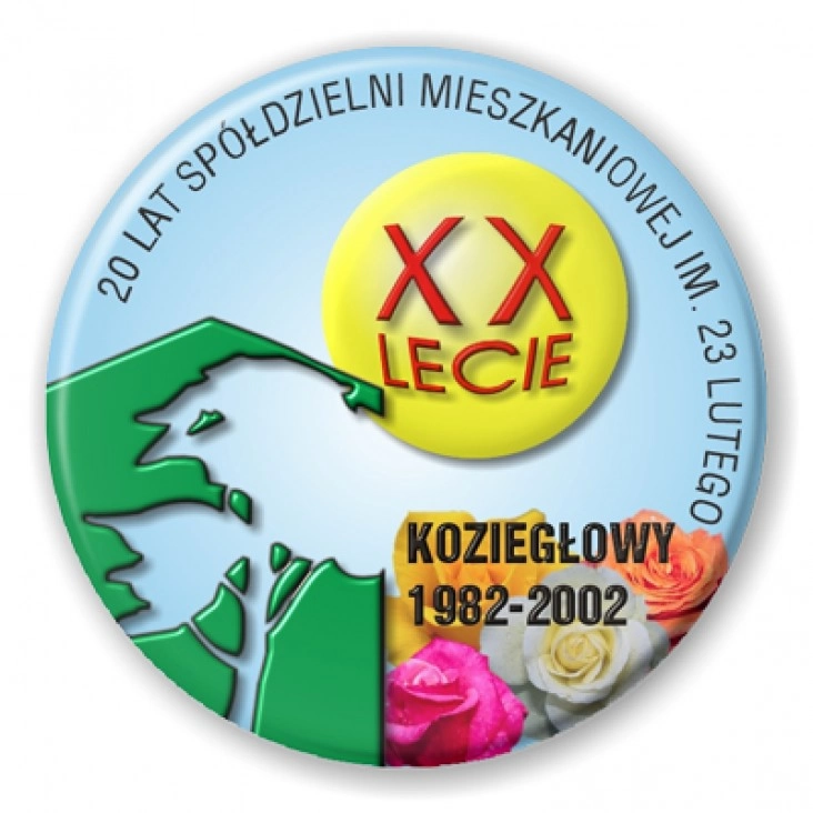 przypinka 20 lat Spółdzielni Mieszkaniowej im. 23 lutego
