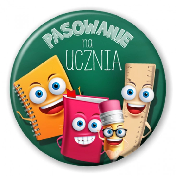 Pasowanie na ucznia roześmiane postacie