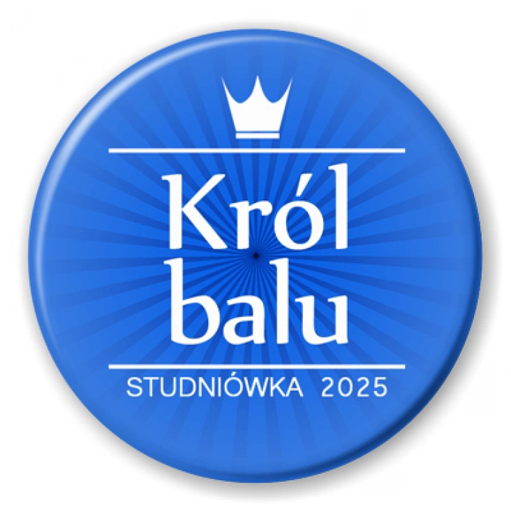 przypinka krol balu niebieska z biala korona