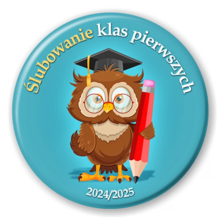 przypinka Ślubowanie klas pierwszych sowa z ołówkiem