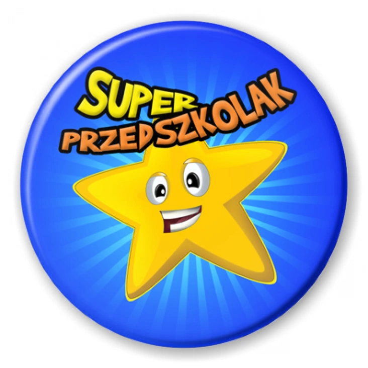 przypinka Super Przedszkolak gwiazda na niebieskim tle