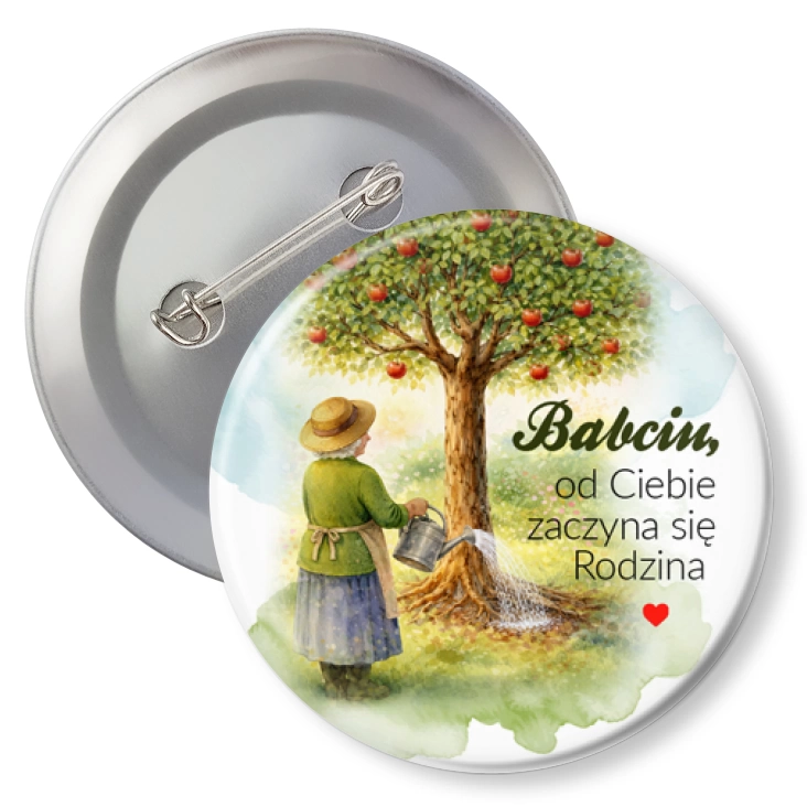 przypinka z agrafką Babcia pielęgnuje drzewo rodzinne