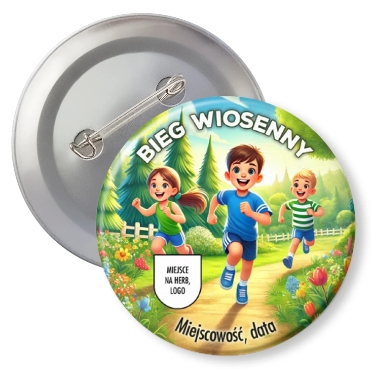 przypinka agrafka Bieg wiosenny dzieci na leśnej ścieżce