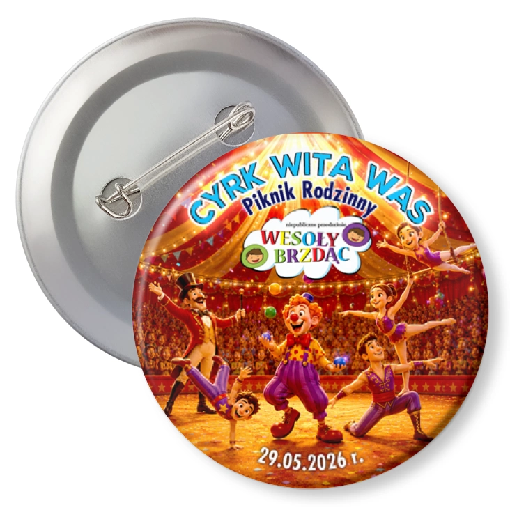 przypinka z agrafką Cyrk Wita Was Wesoły Brzdąc