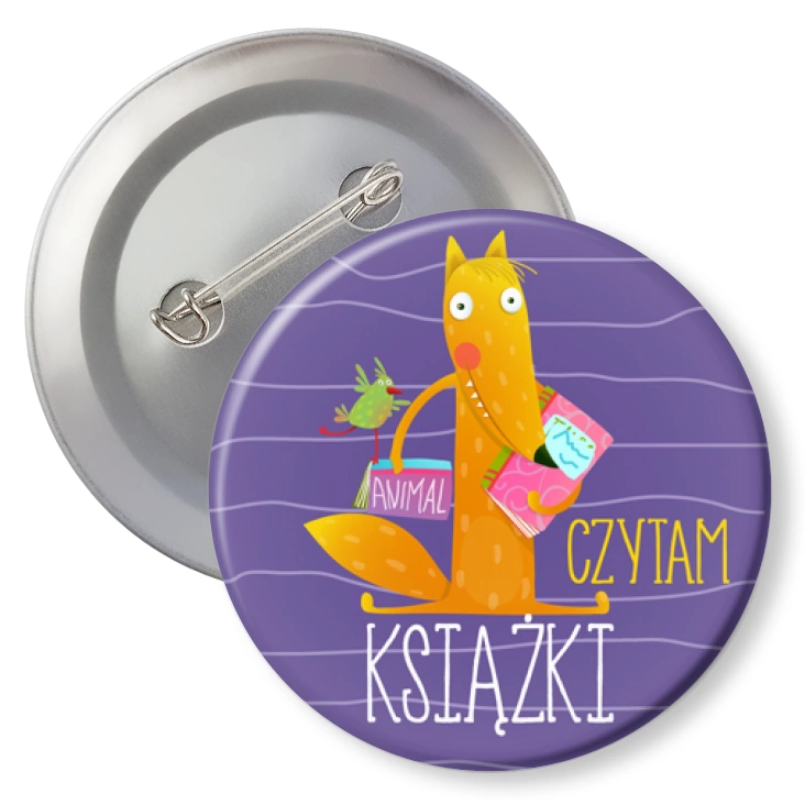 przypinkaCzytam książki lisek na fioletowym tle