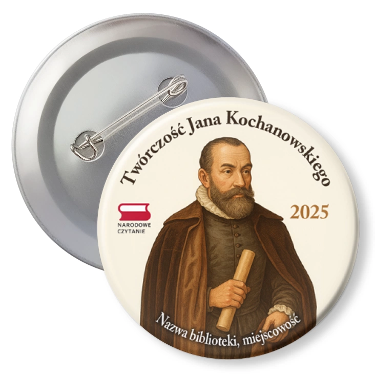przypinka z agrafką Jan Kochanowski i jego twórczość Narodowe Czytanie 2025
