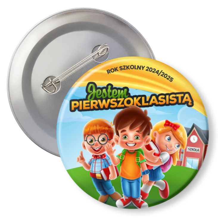 przypinka z agrafką Jestem pierwszoklasistą z trójką dzieci