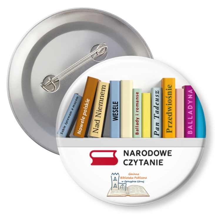 przypinka z agrafką Narodowe Czytanie 2025 Biblioteka w Opinogórze