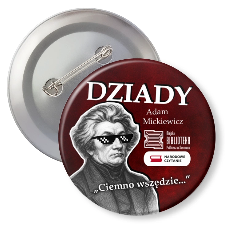 przypinka z agrafką Narodowe Czytanie Bibliotek Publiczna w Sosnowcu