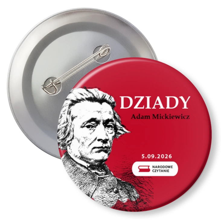 przypinka z agrafką Narodowe Czytanie Dziady na czerwonym tle