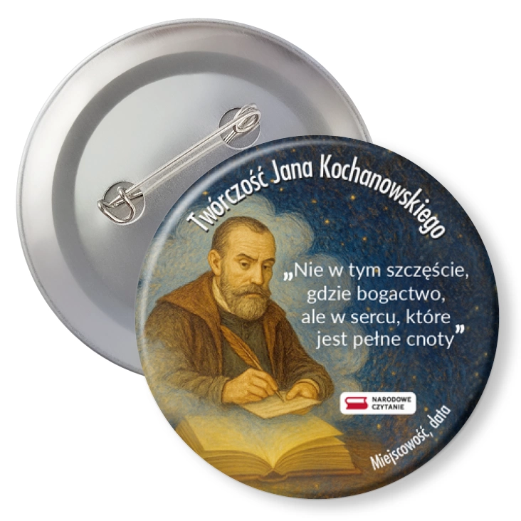 przypinkaNarodowe Czytanie Jan Kochanowski na granatowym tle