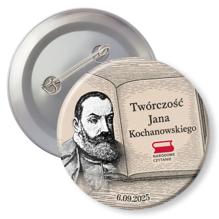 przypinka z agrafką Narodowe Czytanie Twórczość Jana Kochanowskiego