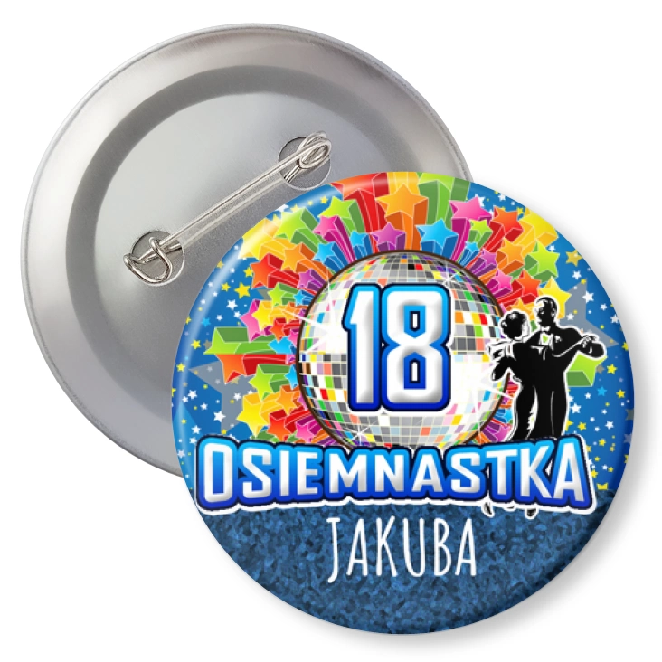 przypinka z agrafką Osiemnastka z imieniem i kulą disco
