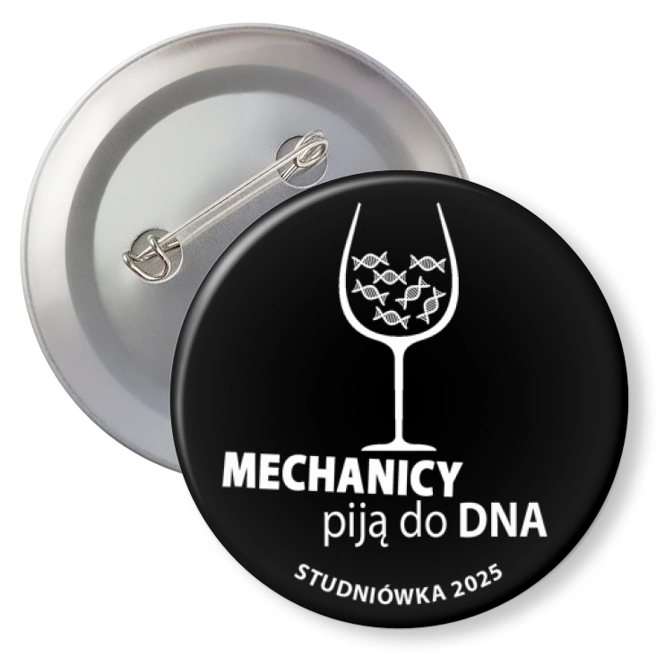 przypinka z agrafką Studniówka czarna mechanicy piją do dna