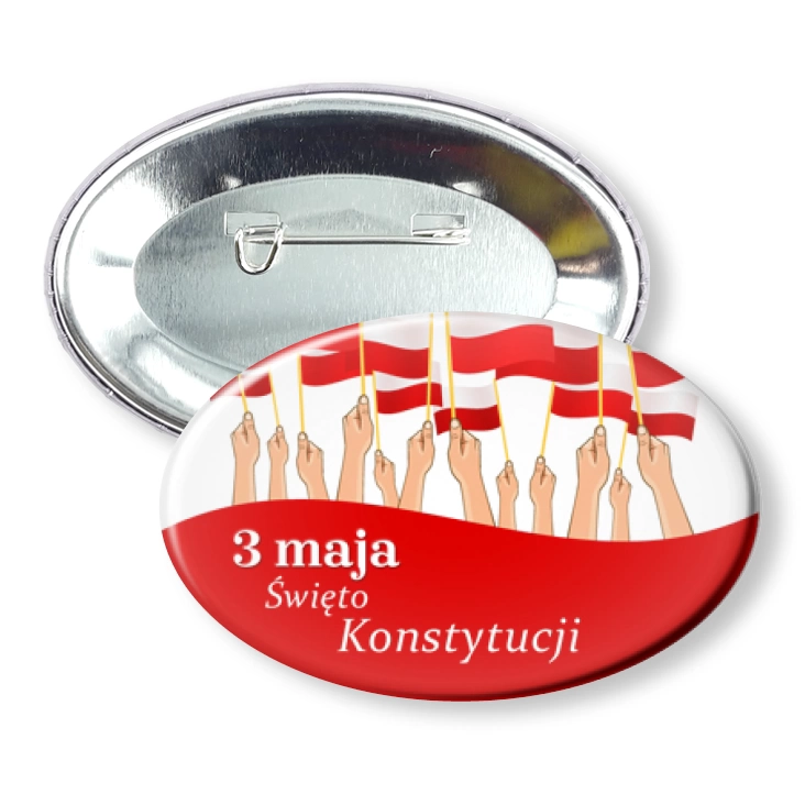 przypinka elipsaNarodowe Święto Konstytucji 3 Maja Dłonie z Chorągiewkami