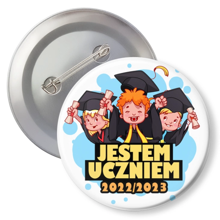 przypinka z agrafką Jestem Uczniem trójka z biretami