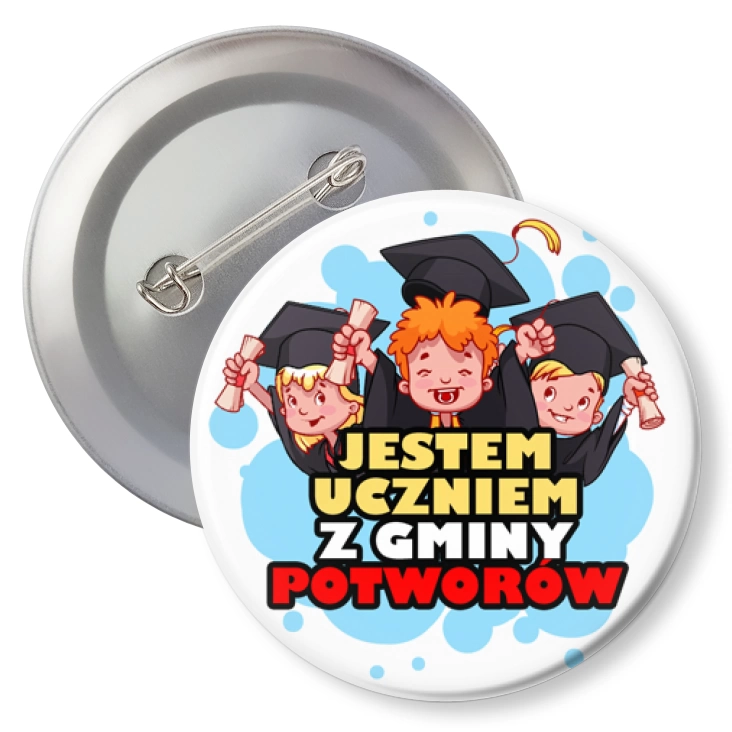 przypinka z agrafką Jestem uczniem z gminy Potworów