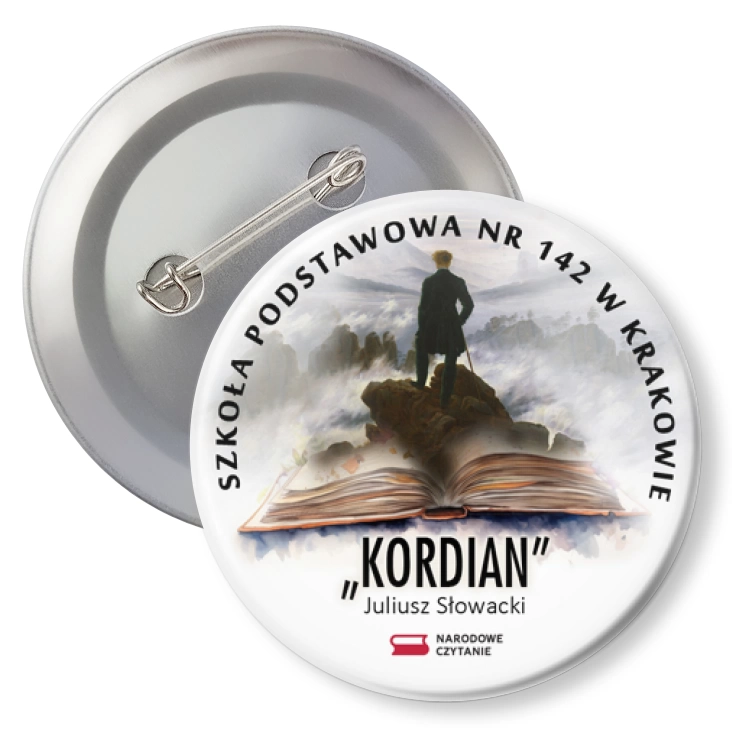 przypinka z agrafką Kordian 2024 Narodowe Czytanie SP 142 w Krakowie