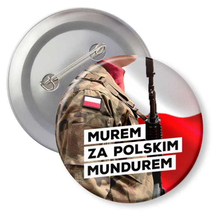 przypinkaMurem za polskim mundurem na tle biało-czerwonej flagi