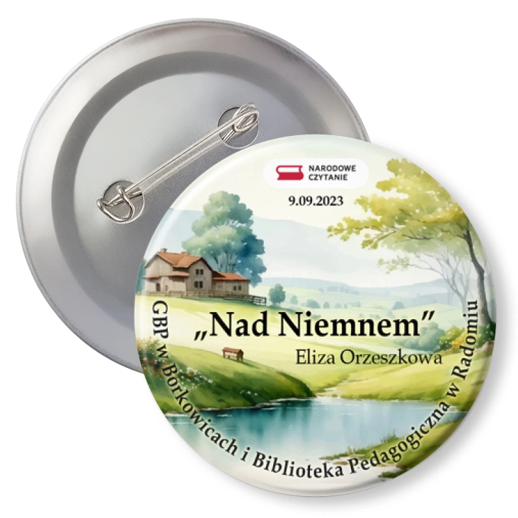 przypinka z agrafką Nad Niemnem Narodowe Czytanie Biblioteka Borkowice
