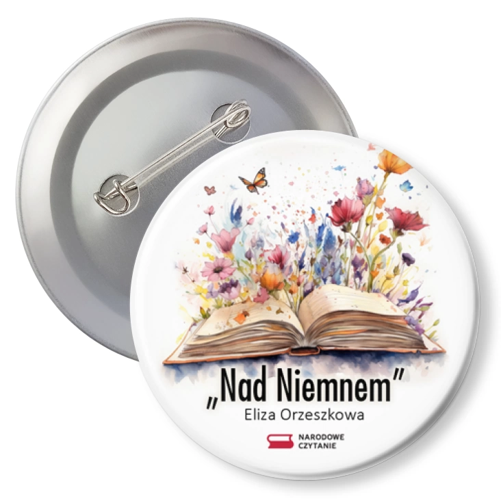 przypinkaNarodowe Czytanie 2023 Nad Niemnem książka z kwiatami