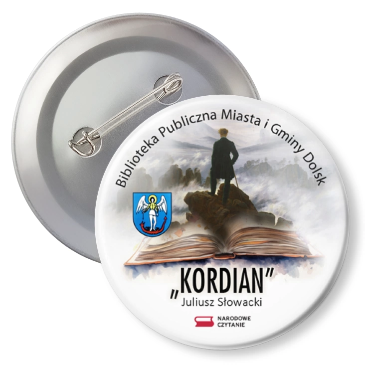 przypinka z agrafką Narodowe Czytanie Kordian Biblioteka Dolsk