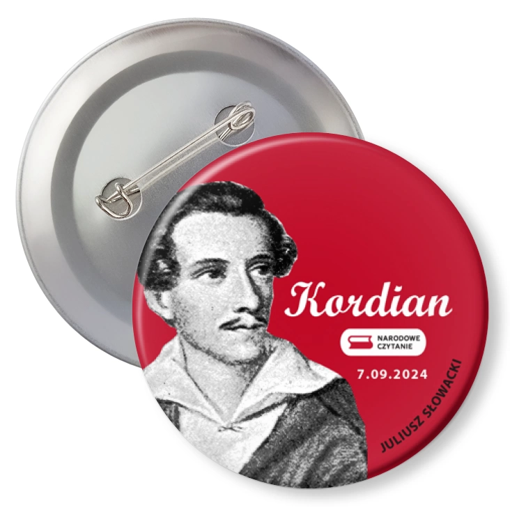 przypinkaNarodowe czytanie Kordian Juliusz Słowacki na czerwonym tle