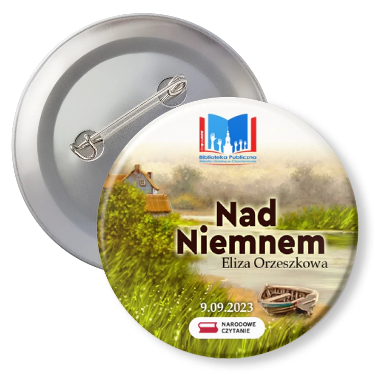przypinka z agrafką Narodowe Czytanie Nad Niemnem Biblioteka w Chocianowie