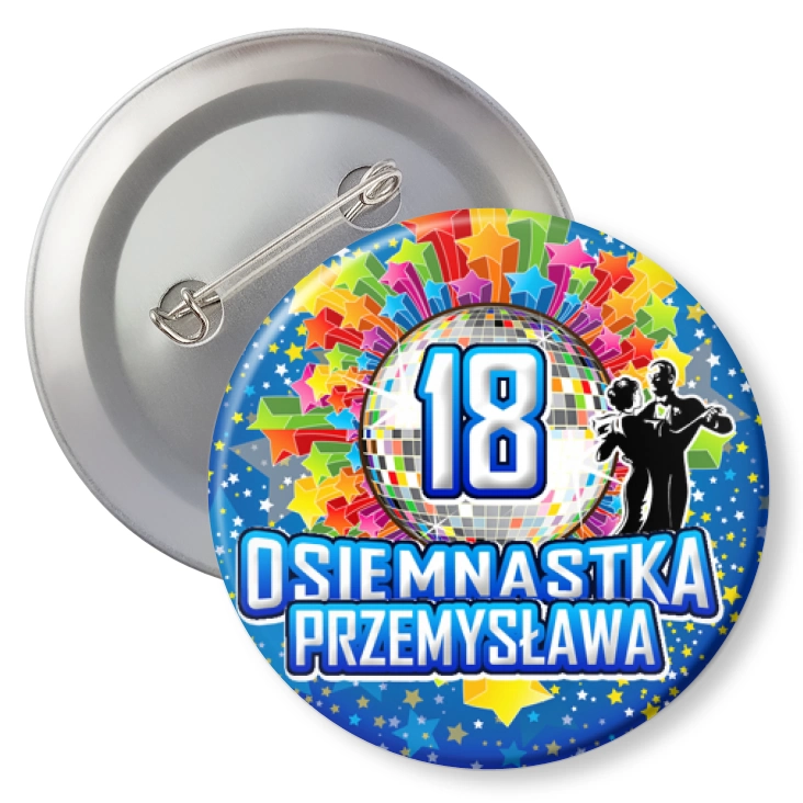 przypinka z agrafką Osiemnastka z imieniem i kulą disco